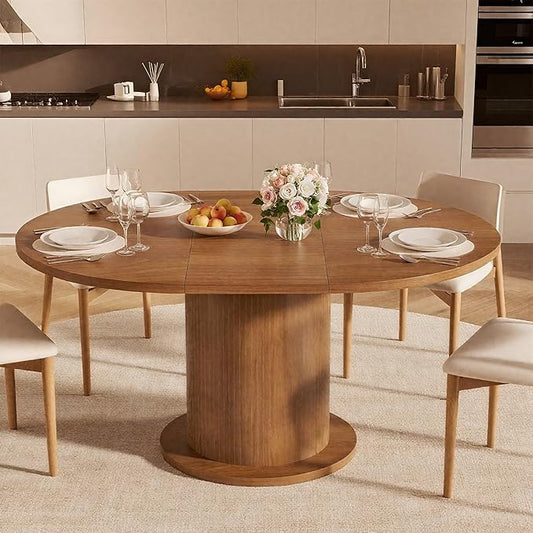 59 inch Round Dining Table for 6, Modern Farmhouse Kitchen Table, Circle Dining Tables with Wood Strip Base for Kitchen Living Room (Big Adjustable Walnut)