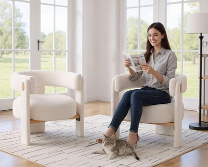 White Boucle Barrel Accent Chair, Comfy Upholstered Living Room Chair Mid-Century Modern Reading Chair with Open Back Round Corner Armchair, Side Sitting Lounge Chair for Bedroom/Office