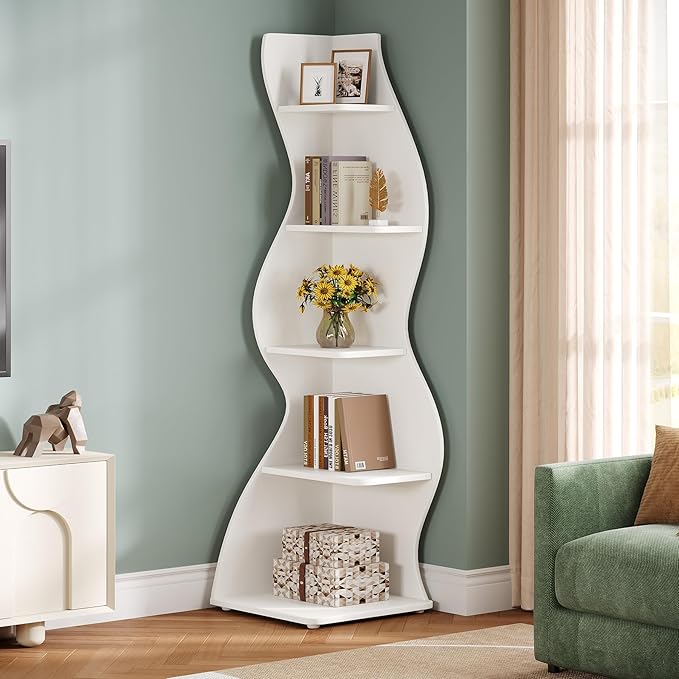 Tribesigns Wavy Corner Shelf, Modern 5-Tier Bookshelf Bookcase with Curvy Shape, Unique Plant Stand Display Rack for Living Room Small Space (White)