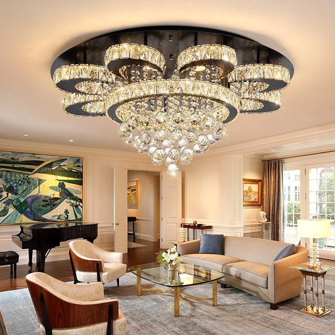 Modern Chandelier Living Room Glam Chandeliers Ceiling Light Fixture Remote Dimmable Lights 32 Inches Luxury Crystal Black Light