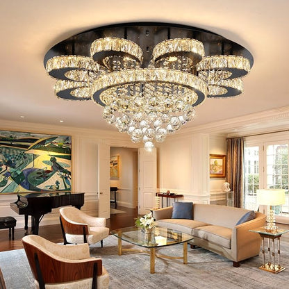 Modern Chandelier Living Room Glam Chandeliers Ceiling Light Fixture Remote Dimmable Lights 32 Inches Luxury Crystal Black Light