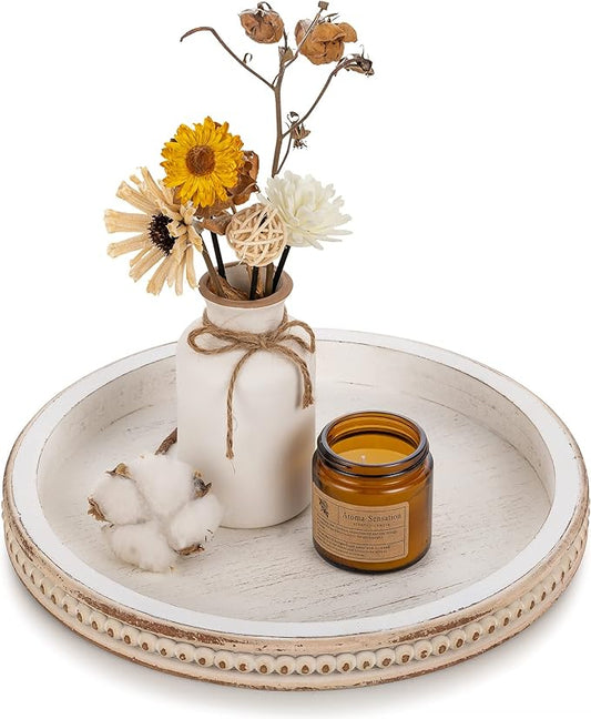 Hanobe Decorative Serving Tray Wood: White Washed Bead Round Tray Decor for Rustic Wooden Trays Farmhouse Centerpiece for Living Room Kitchen Counter