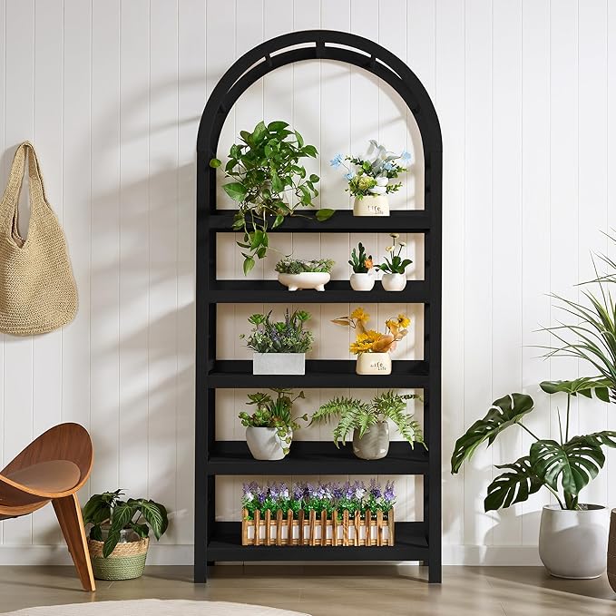 5-Tier Solid Wood Open Bookcase, Modern Arched Bookshelf, Home Office Shelf Storage Organizer, Storage Display Rack Shelf for Living Room (Black)