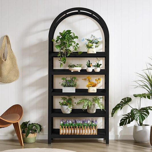 5-Tier Solid Wood Open Bookcase, Modern Arched Bookshelf, Home Office Shelf Storage Organizer, Storage Display Rack Shelf for Living Room (Black)