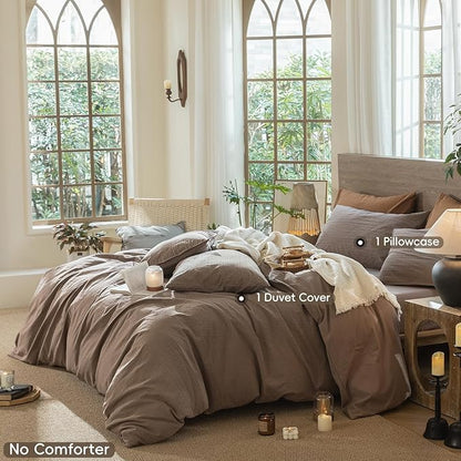 MooMee Wavy Striped Duvet Cover Set 100% Washed Cotton Linen Like Textured Breathable Durable Soft Comfy (Brown, Twin 68"x90")