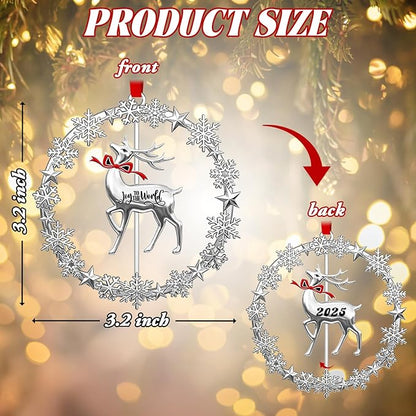 2025 Christmas Ornament, Rotatable Reindeer in Wreath, Metal Christmas Ornaments Dated Hanging Tree Decoration, New Year Holiday Keepsake Gift for Family
