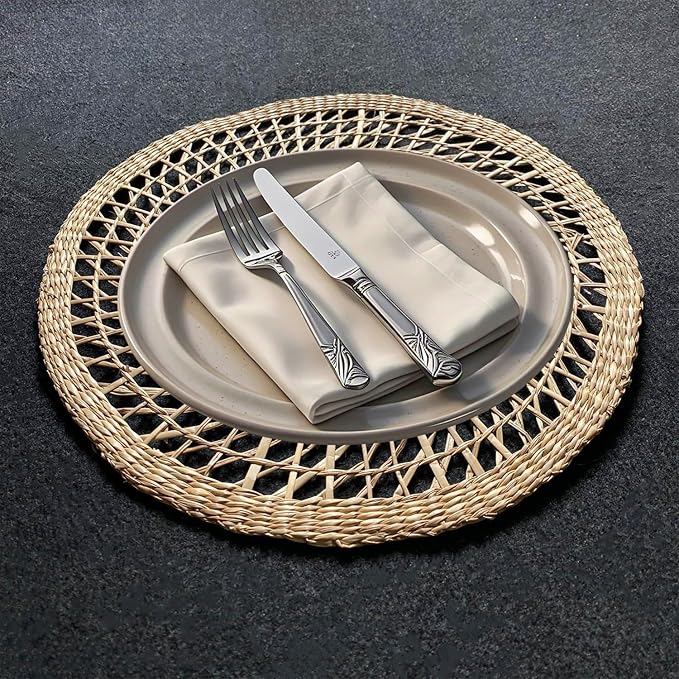 15" Set of 4 Round Flower Seagrass Placemats | Boho Woven Rattan Table Mats | Farmhouse Wicker Spring Plate Chargers Like Water Hyacinth, Corn Husk for Wedding, Party, Christmas, Events