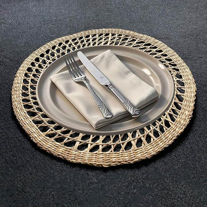 15" Set of 4 Round Flower Seagrass Placemats | Boho Woven Rattan Table Mats | Farmhouse Wicker Spring Plate Chargers Like Water Hyacinth, Corn Husk for Wedding, Party, Christmas, Events