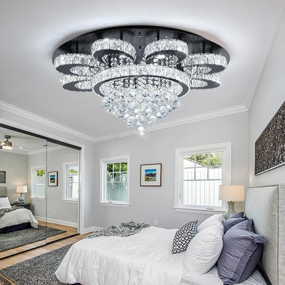 Modern Chandelier Living Room Glam Chandeliers Ceiling Light Fixture Remote Dimmable Lights 32 Inches Luxury Crystal Black Light