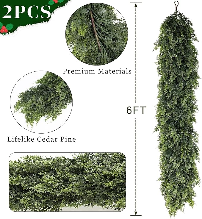 Guirnalda de cedro de 6 pies para chimenea, Christmas guirnalda de Navidad artificial gruesa y exuberante realista de cedro sintético para mesa, ventana, escaleras, manta, decoración interior y exterior (2