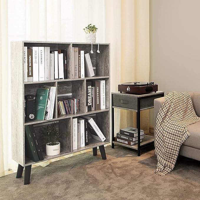 LEYAOYAO Bookshelf Cube Storage Organizer,3 Tier Bookcase with Legs,Modern Wood Open Shelf,Dirty Grey Bookshelves,Free Standing Display Short Book Shelves for Narrow Space,Bedroom,Living Room,Office