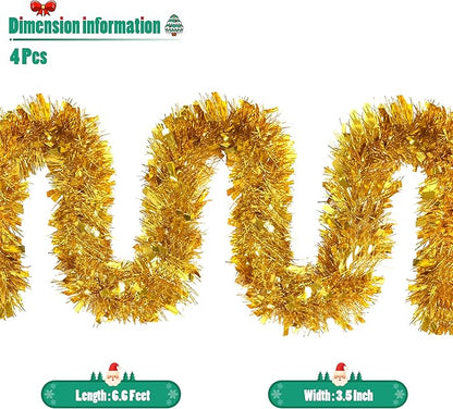CANREVEL 4 Pieces 26.2 Ft Christmas Garland Metallic Shiny Twist Tinsel Garland Hanging Decorations for Christmas Tree, Mantle, Stairs Railing Decorations - Gold