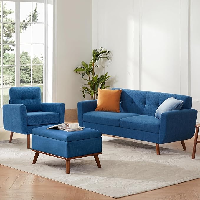 Tbfit Accent Chair, Reading Chair for Living Room & Bedroom, Mid Century Modern Arm Chair, Button Tufted Upholstered Accent Chairs Sofa with Solid Wood Frame (Blue)