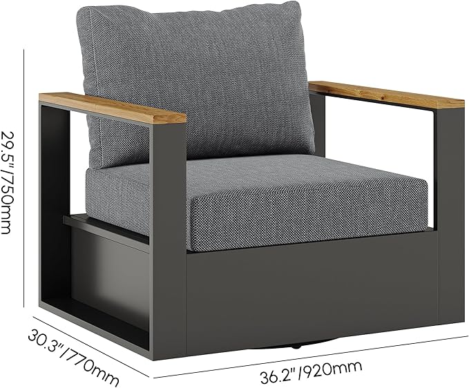 homary Outdoor Swivel Chair, Patio Chair Outdoor Seating with Gray Cushions, Aluminum Frame & Wood Accents, 360° Rotating Base, Weather-Resistant Upholstery for Patio or Deck