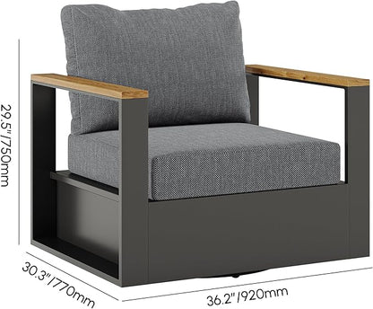 homary Outdoor Swivel Chair, Patio Chair Outdoor Seating with Gray Cushions, Aluminum Frame & Wood Accents, 360° Rotating Base, Weather-Resistant Upholstery for Patio or Deck