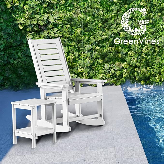 GREENVINES Outdoor Rocking Chair Set | 3-Piece | 2 Rocking Chairs with 1 Side Table | Porch Rocker | HDPE Plastic | White | Patio Furniture Sets | High Back | Big & Tall | Ladder Back