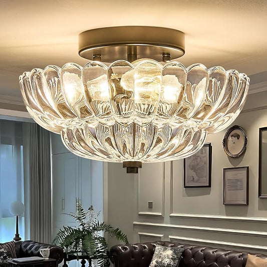 Mid Century Modern Black Semi Flush Mount Ceiling Light Fixture,3 Lights Flower Glass Close to Ceiling Lighting Fixtures for Bedroom Hallway Kitchen Foyer Bathroom Closet Laundry Room 11.8 in