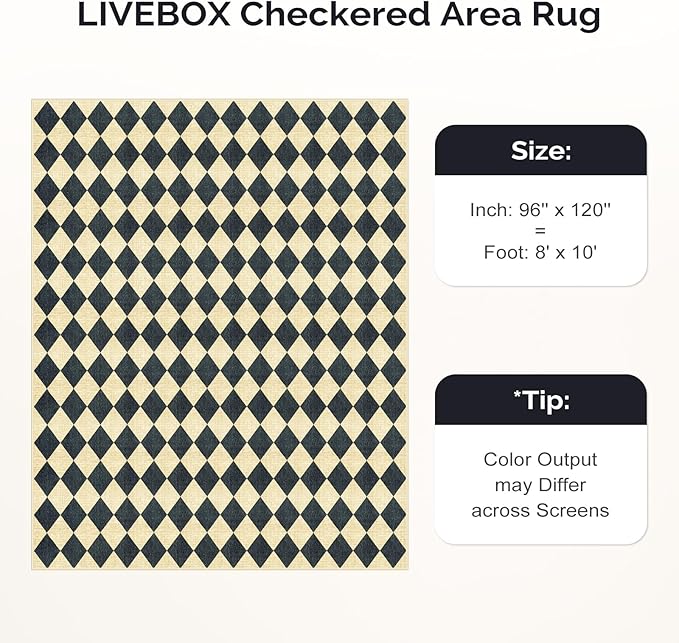 LIVEBOX Washable 8x10 Diamond Rugs for Living Room, Non-Slip Checkered Rug Soft Modern Neutral Geometric Plaid Area Rug for Bedroom, Large Farmhouse Carpet for Office Kids Room Classroom Dorm, Black