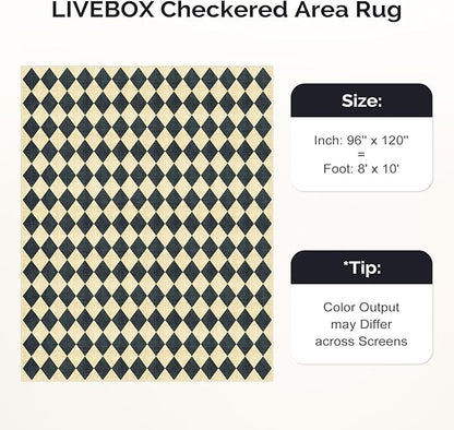 LIVEBOX Washable 8x10 Diamond Rugs for Living Room, Non-Slip Checkered Rug Soft Modern Neutral Geometric Plaid Area Rug for Bedroom, Large Farmhouse Carpet for Office Kids Room Classroom Dorm, Black
