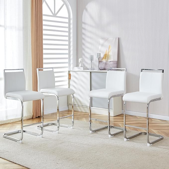 Bar Stools Set of 4,25" Counter Height Bar Stools with Footrest,White Faux Leather Kitchen Stools with Chrome Plated Metal Leg,Counter Height Stools Ideal for Island Pub Kitchen Counter Dining Chair