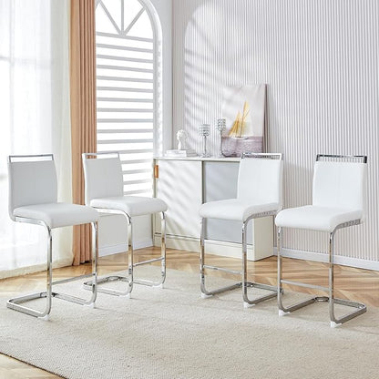 Bar Stools Set of 4,25" Counter Height Bar Stools with Footrest,White Faux Leather Kitchen Stools with Chrome Plated Metal Leg,Counter Height Stools Ideal for Island Pub Kitchen Counter Dining Chair