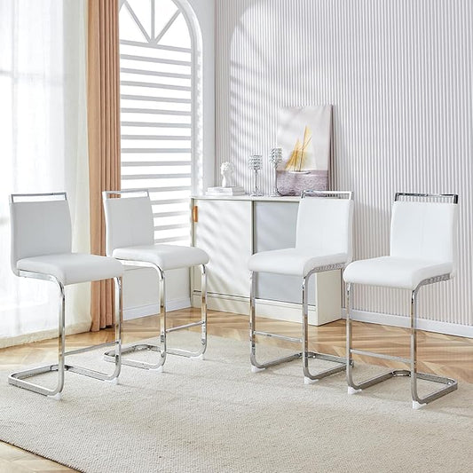 Bar Stools Set of 4,25" Counter Height Bar Stools with Footrest,White Faux Leather Kitchen Stools with Chrome Plated Metal Leg,Counter Height Stools Ideal for Island Pub Kitchen Counter Dining Chair