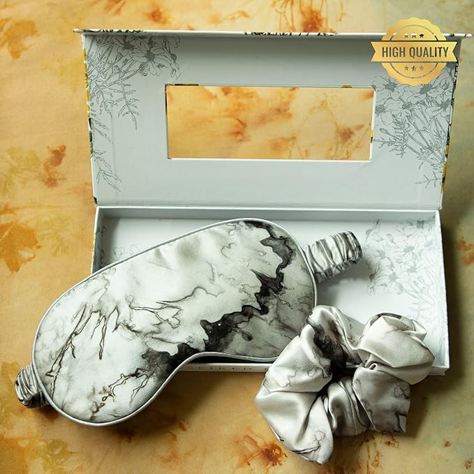 Silk & Willow 100% Pure Mulberry Silk Sleep Eye Mask & Hair Scrunchie Gift Set (Woodgrain)