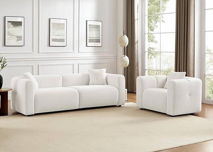 VANOMi Living Room Furniture Sets Include 95" Sofa & 42" Armchairs, Boucle Upholstered Oversized Couch with Pillows, Living Room Furniture Set for Bedroom Apartment (White, 1 Sofa+1 Chair)