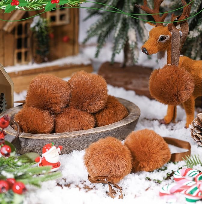 Gejoy 12 Pcs Brown Furry Christmas Ball Ornaments for Xmas Tree Brown Christmas Hanging Decorations Soft Faux Fur Pom Pom Ball Ornaments for Home Party Supplies Fireplace Mantel Wall Decor