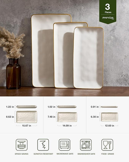 famiware Serving Platter, Rectangular 15.67/14.1/12.6inch Serving Dishes for Entertaining, Dishwasher Safe, Stoneware for Party, Food, Turkey, Snack, Cheese, Reactive Glaze, Matte White