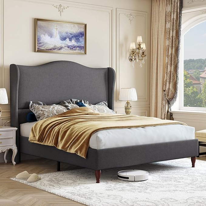 Full Size Bed Frame Upholstered Platform Bed with 51" Tall Headboard Wingback, Soft Fabric, Retro Simple Style Platform Bed No Box Spring Needed, Easy Assembly, Grey