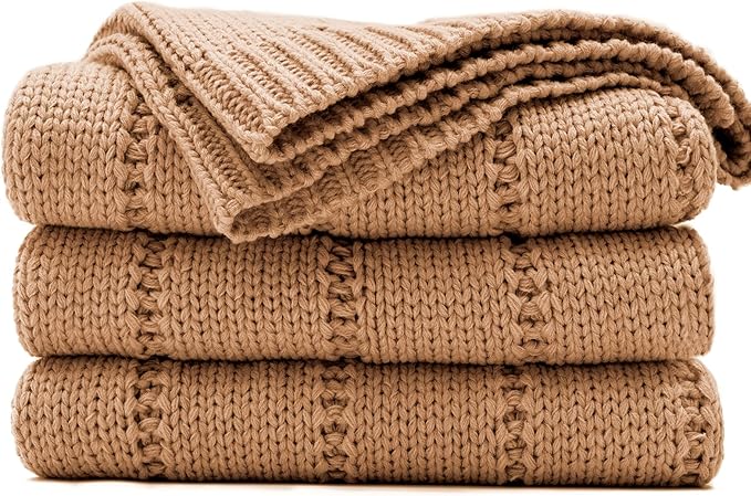 RECYCO Cable Knit Light Brown Throw Blanket, Super Soft Warm Cozy Decorative Knitted Throw Blanket 2.3LB for 50"x60"
