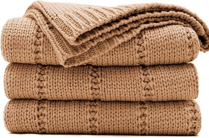 RECYCO Cable Knit Light Brown Throw Blanket, Super Soft Warm Cozy Decorative Knitted Throw Blanket 2.3LB for 50"x60"
