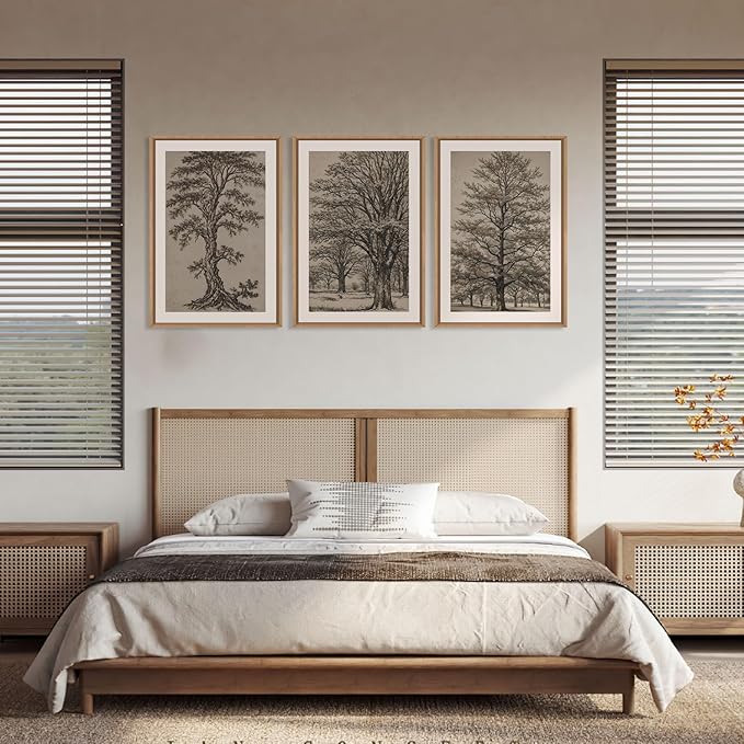 HOURIA Vintage Tree Sketch Framed Canvas Wall Art Set,Natural Brown and Gray Woodland Wall Decor,Mid Century Nature Forest Artwork,Textured Botanical Art Print for Living Room,Bedroom,Office-16"x24"x3