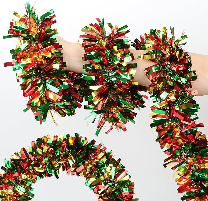 50 Feet Red Green Gold Metallic Twist Shiny Christmas Tinsel Garland for Tree, Mantle, Indoor/Outdoor Decor