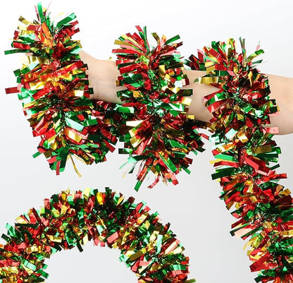 50 Feet Red Green Gold Metallic Twist Shiny Christmas Tinsel Garland for Tree, Mantle, Indoor/Outdoor Decor