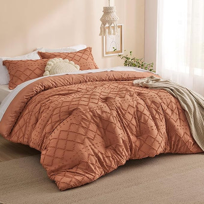 Bedsure Queen Comforter Set - Pumpkin Comforter, Boho Tufted Shabby Chic Bedding for Kids, 3 Pieces Vintage Farmhouse Bed Set for All Seasons, Fluffy Soft Bedding with 2 Pillow Shams