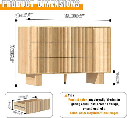 Fluted Dresser for Bedroom with 6 Drawers,47" Wide Modern Chest of Drawers with Wooden Handle, Wooden Dresser TV Stand, Wood Closet Clothes Storage Organizer for Living Room, Hallway, Light Oak