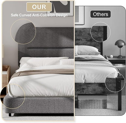 Twin Bed Frame Twin with Rounded Headboard, Soft Modern Twin Size Boucle with Thickened Footboard, Rounded Corners, No Box Spring Needed, Easy Assembly, Grey