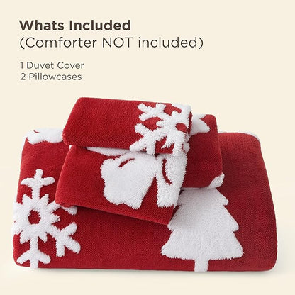 Bedsure Fluffy Christmas Duvet Cover Set - Ultra Soft Plush Shaggy Comforter Cover King Size, Warm Flannel Fleece Bed Sets for Winter, 3 Pieces, Ginger Candy Bell Pattern, Red