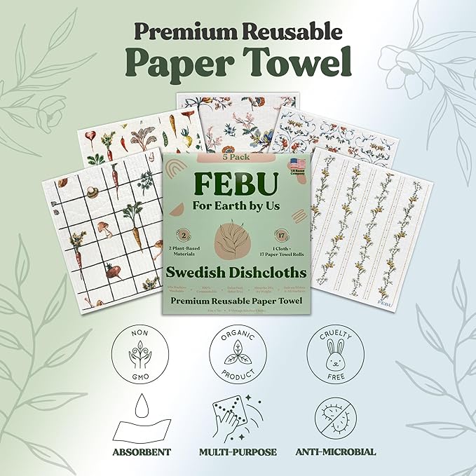 FEBU Swedish Dish Cloths 5 Pack Vintage Reusable Washable Kitchen Dish Towels