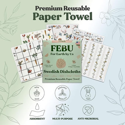FEBU Swedish Dish Cloths 5 Pack Vintage Reusable Washable Kitchen Dish Towels