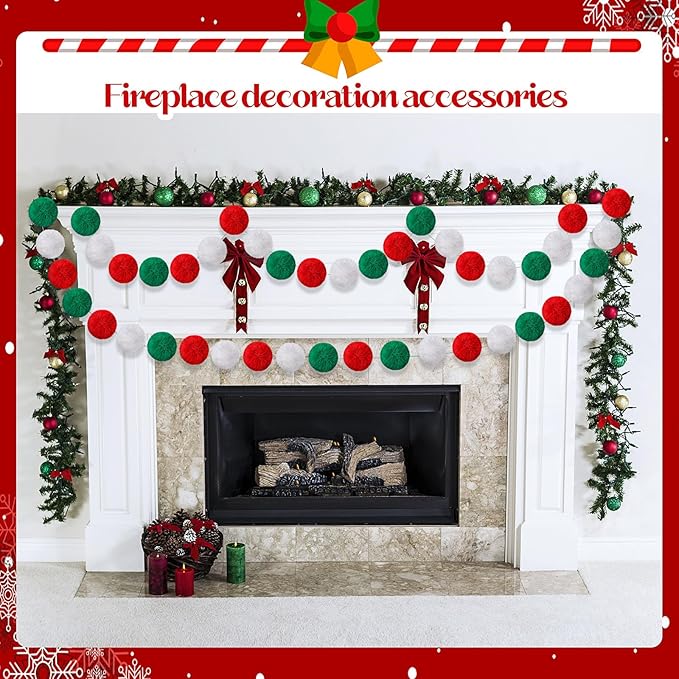 2 Pack Large Pom Poms Garland Hanging Decorations Colorful Soft Faux Rabbit Fur Ball Garland for Easter Xmas Holiday Wedding Baby Shower Birthday Party Supplies(Christmas,3.15 Inch)