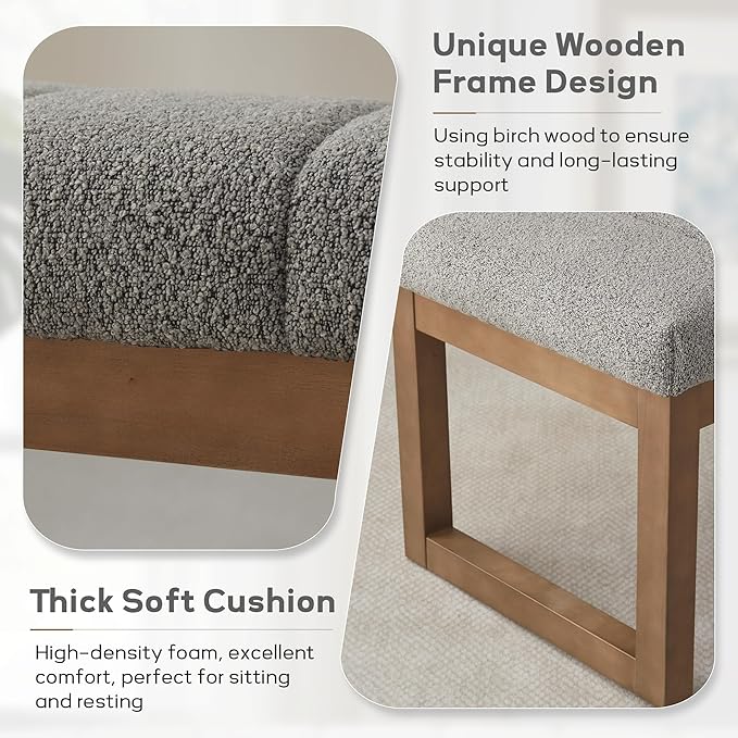 52.7" Bedroom Bench for End of Bed, Modern Upholstered Teddy Fabric Entryway Bench & Dining Bench, Footrest Stool Bench with Solid Wood Frame for Bedroom, Living Room (Light Grey)