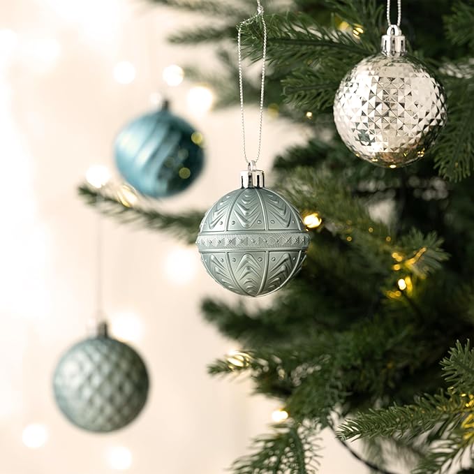 Valery Madelyn 100ct Christmas Tree Decorations Ball Ornament Set, Light Blue Silver Shatterproof Hanging Ornaments Bulk for Xmas Holiday Party Decor
