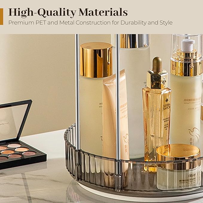Aveniee 360° Rotating Makeup Organizer for Vanity, Upagraded Perfume Skincare Bathroom Counter Organizers with Brush Divider, Two Tier Spinning Lipstick Cosmetic Lotion Storage,Grey