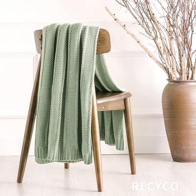RECYCO Cable Knit Sage Green Throw Blanket, Super Soft Warm Cozy Decorative Knitted Throw Blanket 2.3LB for Bed, Chair 50"x60"