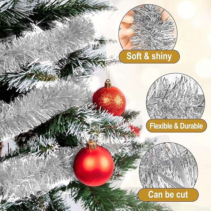 50 Feet Silver Christmas Tinsel Garland, Metallic Foil Twist Garland Wall Hanging Tinsel Banner Backdrop for Parade Floats, Easter, Mother's Day, Wedding Party Decorations (2in x 50ft)