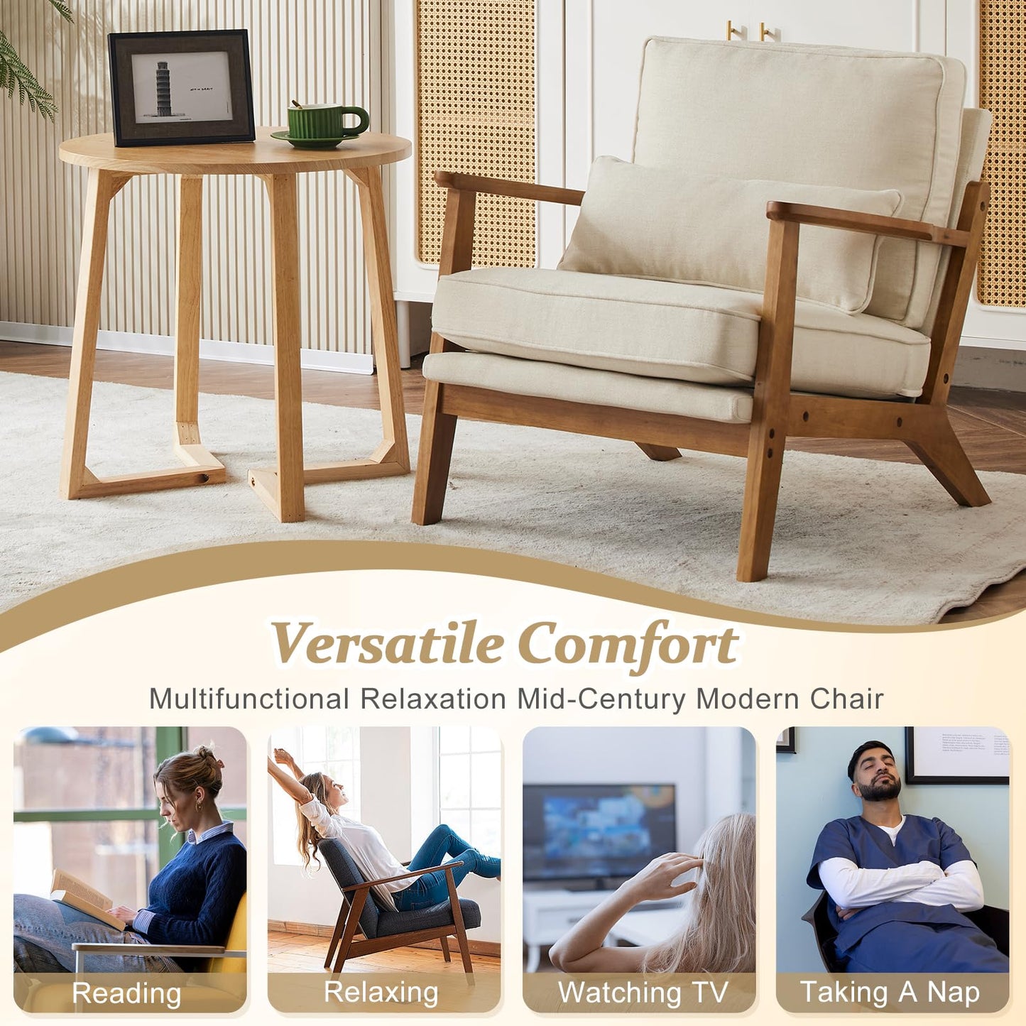 VINGLI Solid Wood Wide Armrests Accent Chair,Upholstered Mid Century Modern Chair with Pillow,Comfy Reading Chair Farmhouse Arm Chair,Chairs Living Room,Bedroom,Guest Room,Teddy Fleece,Khaki