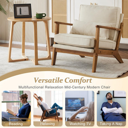 VINGLI Solid Wood Wide Armrests Accent Chair,Upholstered Mid Century Modern Chair with Pillow,Comfy Reading Chair Farmhouse Arm Chair,Chairs Living Room,Bedroom,Guest Room,Teddy Fleece,Khaki